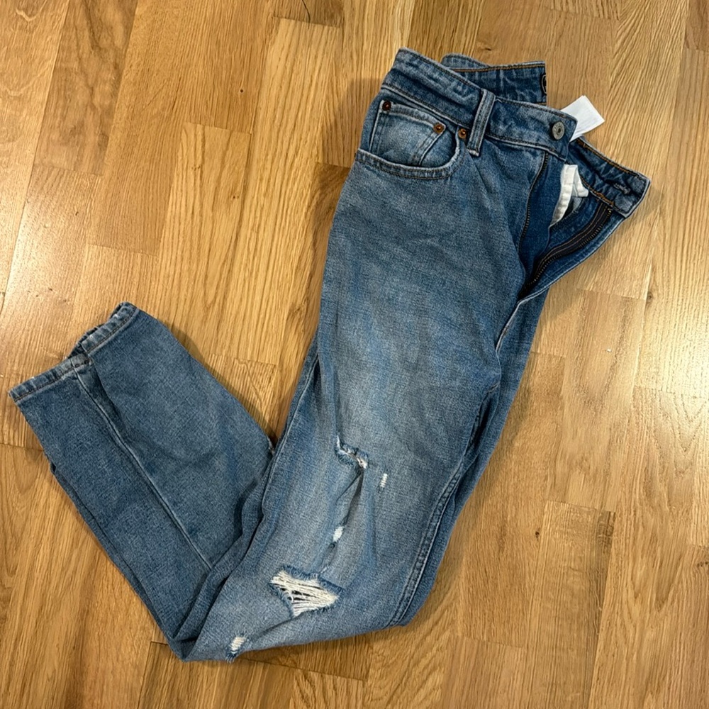 Abercrombie Zoe Natural Rise Ankle Straight Jeans, Distressed Blue, 4 Short